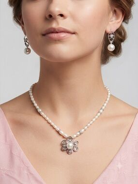 Faux Pearl Necklace & Earrings Set with Flower Pendant Rhinestone Accents